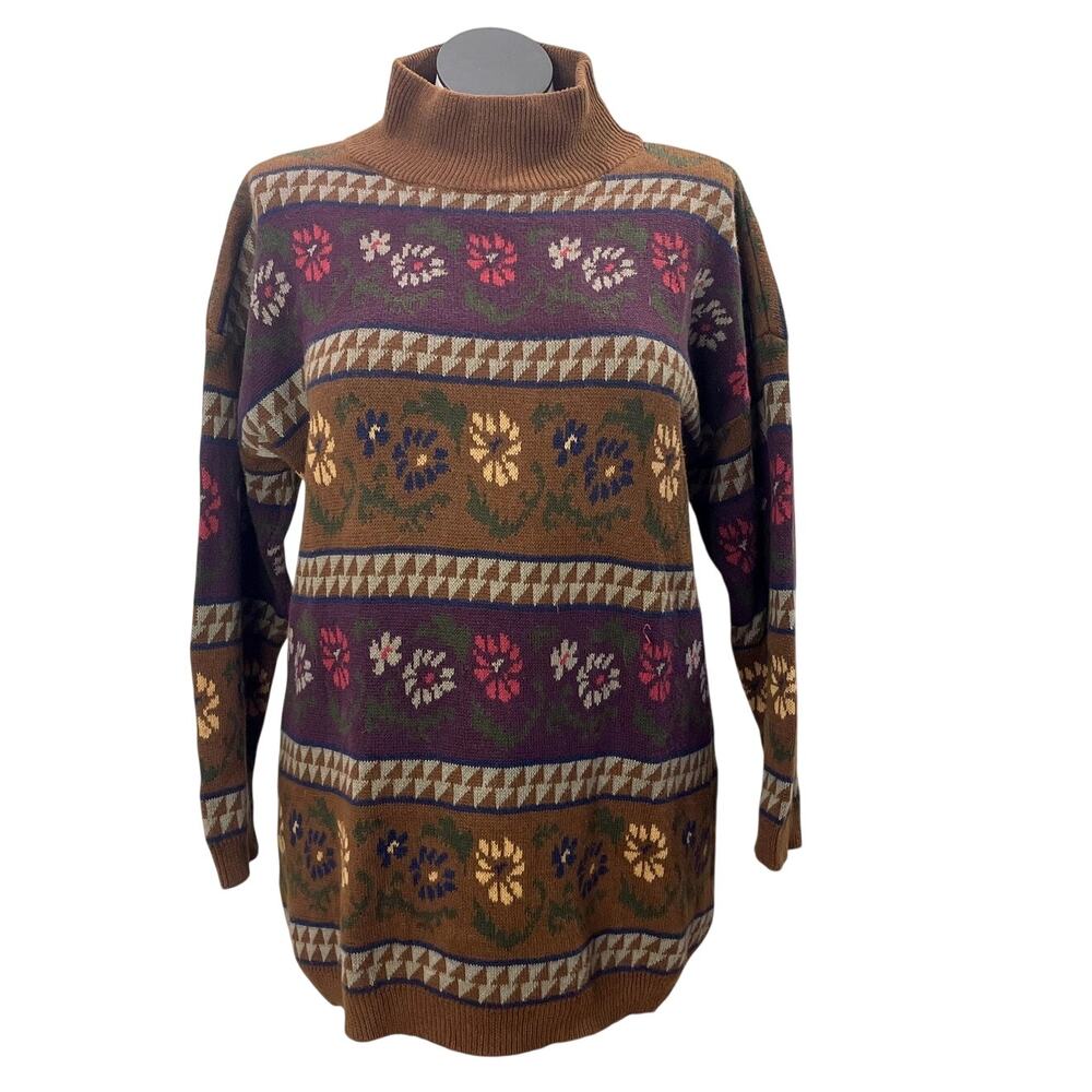 Rosanna Size M Sweater Oversized Vintage Brown Floral Mock Neck Long Length